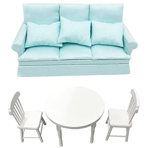 Zunedhys Mini-Möbel-Sofa mit 3-teiligem Kissen-Set mit 3-teiligem weißem Holz-Esstisch mit 2 Stühlen, 1:12 von Zunedhys