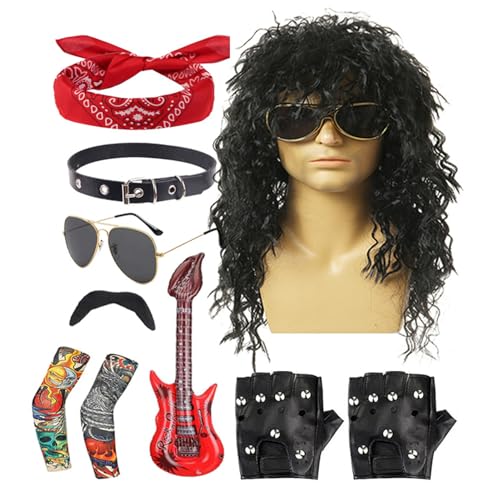 80er Jahre Rocker Kostümkit - Punk -Perücke, Sonnenbrille Bart Requisiten | Halloween Fancy -Outfit, Komplette Party -Set Für Den Anziehen Von Rocklegenden Bei Kostümnächten, Cosplay, Themen -Geburtst von Zunishaone