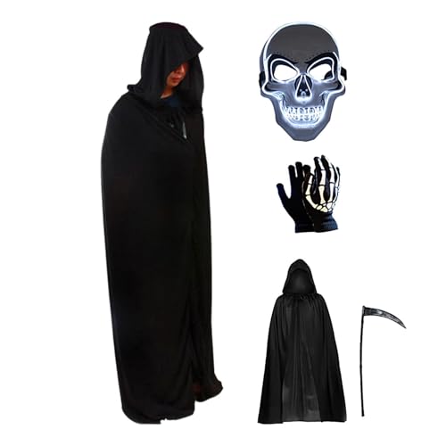 Halloween Cloak Kostümset - Skelettmaske, Handschuhe | Reaper -Outfit Mit Kapuzenumhang, Skythe, Gotische Kleidung Für Rollenspiel, Bühne, Karneval, Partys, Cosplay, Erwachsene, Kinder, Urlaubsfeierli Halloween Cloak Kostümset - Skelettmaske, Handschuhe | Reaper -Outfit Mit Kapuzenumhang, Skythe, Gotische Kleidung Für Rollenspiel, Bühne, Karneval, Partys, Cosplay, Erwachsene, Kinder, Urlaubsfeierli von Zunishaone
