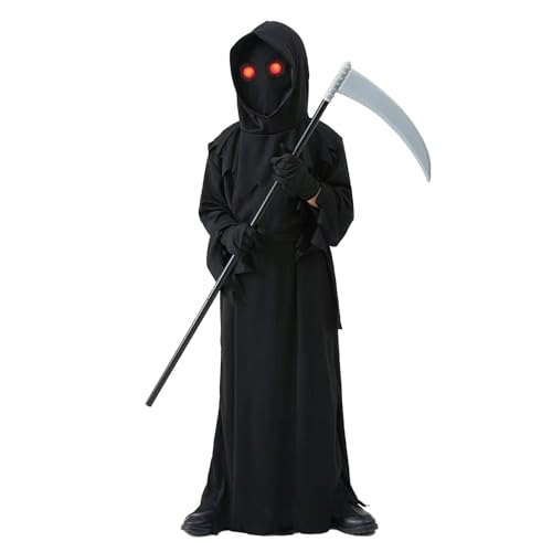 Halloween -Kostüm - Sensenmannsgrößen Gruseliges Outfit, Gruseliger Schwarzer Robe | Horrorkostüm Mit Leuchtenden Roten Augen, Handschuhen, Scythe Für Kinder Mädchen Cosplay, Trick-or-Treat, Pa Halloween -Kostüm - Sensenmannsgrößen Gruseliges Outfit, Gruseliger Schwarzer Robe | Horrorkostüm Mit Leuchtenden Roten Augen, Handschuhen, Scythe Für Kinder Mädchen Cosplay, Trick-or-Treat, Pa von Zunishaone