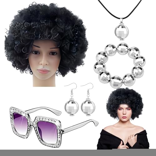 Rapper Look - Bling Kostümpaket der 70er Jahre, Disco Zubehör Set der 70er Jahre | Disco Schmuck, Afro Kurze Perücke, elegante Brillen, Funk Zubehör für Partys Rapper Look - Bling Kostümpaket der 70er Jahre, Disco Zubehör Set der 70er Jahre | Disco Schmuck, Afro Kurze Perücke, elegante Brillen, Funk Zubehör für Partys von Zunishaone