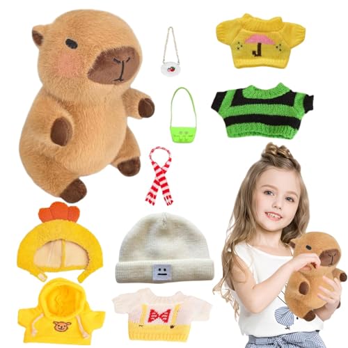 Zunishaone Capibara Plüschtier mit Kleidung, Stofftier verkleiden, Stofftier mit Tierfüllung | Weiches Plüschkissen Capibara mit 10 Kleidungsstücken und für Zuhause, Bett, von Zunishaone