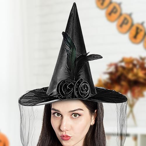 Zunishaone Hexenhüte | Hexen Hut Mit Breiter Krempe Halbschleier Und Blume,Tragbares Halloween Kostümzubehör Für Damen Karneval Fantasy Festival Zunishaone Hexenhüte | Hexen Hut Mit Breiter Krempe Halbschleier Und Blume,Tragbares Halloween Kostümzubehör Für Damen Karneval Fantasy Festival von Zunishaone