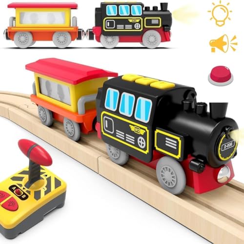 ZUOAN Motorisierter Zug für Holzschienen, Ferngesteuerter Zug mit Magnetanschluss, batteriebetriebenes Lokomotivzug-Set, kompatibel mit Thomas, Brio, Chuggington von Zuoan