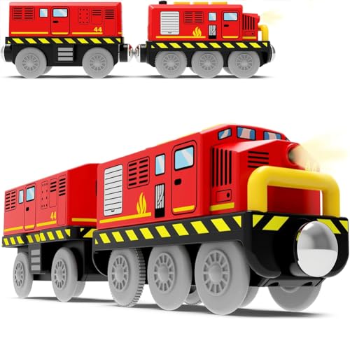 Zuoan Batteriebetriebenes Zugset für Holzeisenbahnschienen, leistungsstarker Lokomotivzug (magnetische Verbindung) mit Frontscheinwerfern und Sound für Empfohlen ab 3 Jahren, Rot von Zuoan