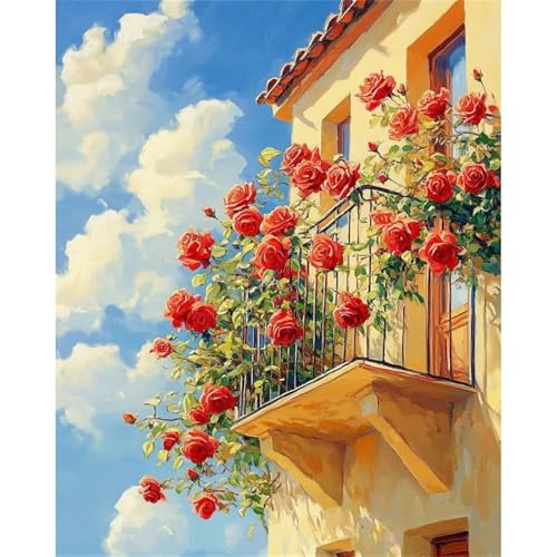 Puzzle 1200,Puzzles für Erwachsene,Rote Rosen auf dem Balkon Puzzles für Kinder DIY Kit Holzspielzeug Unique Gift Home Decor Frameless von Zuooyi