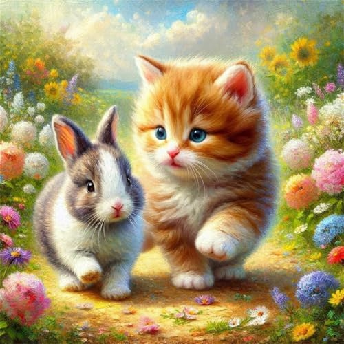 Puzzle 90 Teile für Erwachsene Katze Kaninchen Blume,30x30cm Klassisches Puzzles Lernspiel für Erwachsene,Bunte Kunstwerk Puzzle,Wunderschönes Dekoration Puzzles Geschenke von Zuooyi