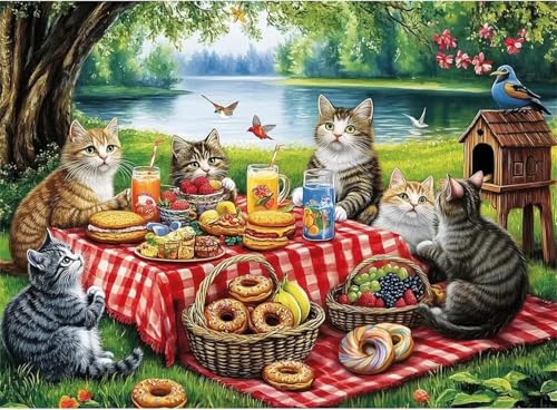Puzzle Erwachsene 200 Teile,Katzenpicknick Puzzle Adults,Puzzles für Erwachsene Lernspiel Herausforderungsspielzeug für Gift Home Decor Frameless von Zuooyi