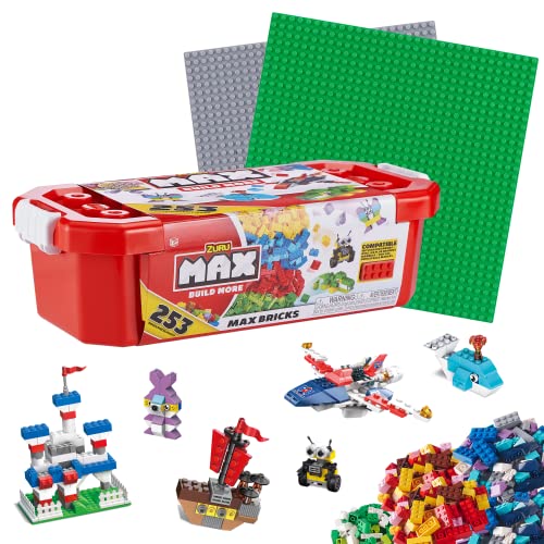 MAX Build More, Bausteine Set (253 Bausteine und 2 Grundplatten, 25 x 25 Zentimeter) Kompatibel mit anderen großen Marken von Zuru