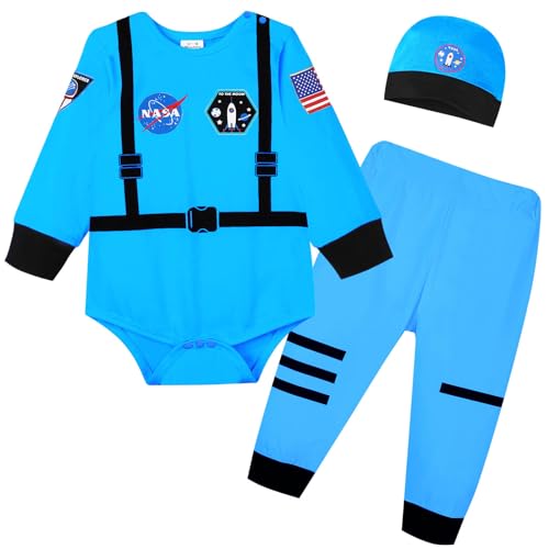 Zusnxaxe Baby Jungen Mädchen Halloween Kostüme Astronauten Outfits Neugeborenes Säugling Raumanzug mit Hut Weihnachten Geburtstag Geschenke Cosplay Fotoshooting 6-12 Monate Blau von Zusnxaxe