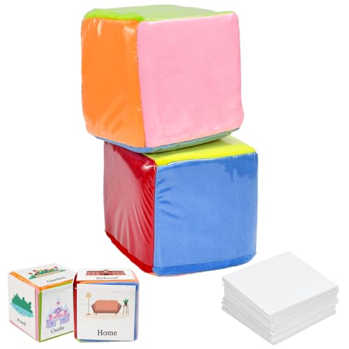 Zuxbolf 2 Stück Schaumstoffwürfel Würfel mit Einstecktaschen 10cm Spielwürfel mit 24 Leeren Karten Bewegungswürfel Bunt DIY Lernspiel Taschenwürfel Groß Stoffwürfel für Kindergarten Schule Vorschule von Zuxbolf