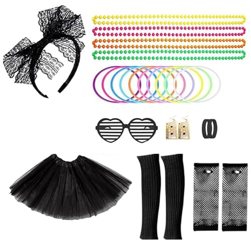 Zuzer 80er 90er Jahre Outfit Damen, 80er Jahre Kleidung 25PCS 80er Jahre Kleidung Kostüm Neon Accessoires Thema Party Karneval Clothes Schwarz von Zuzer