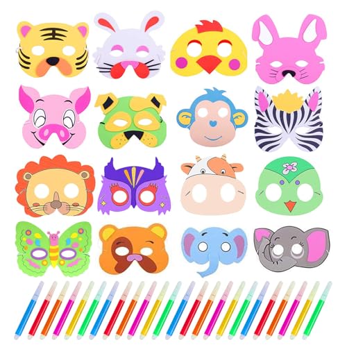 Zuzer Tiermasken für Kinder zum Ausmalen,32 Stücke Kinder Partymasken Tier Masken Cosplay Maske für Zoo Thema Geburtstagsfeier Halloween Maske Verkleiden Partyzubehör(Mit 24 Stift und 32 Seil) von Zuzer