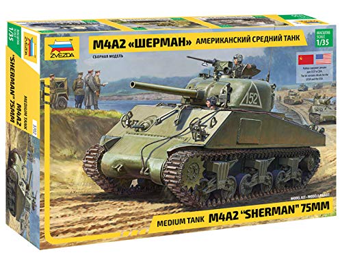 Zvezda 530003702 Fahrzeug 1:35 M4A2 Sherman (75mm) Medium US WWII, Modellbausatz,Plastikbausatz, Bausatz zum Zusammenbauen, detaillierte Nachbildung, Rot von Zvezda