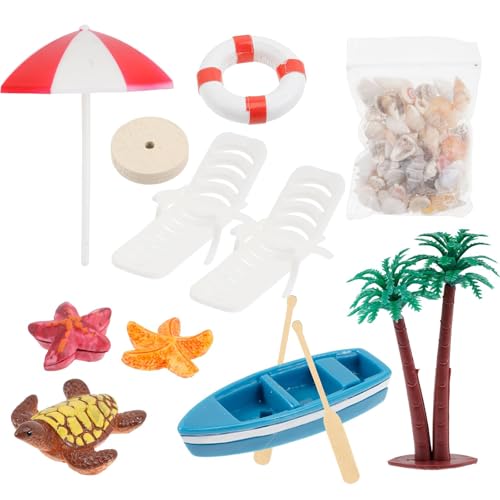 Miniatur-Strandzubehör für 1/12 Puppenhaus Küstenmotiv Dekoration mit Harz-Lounge-Sonnenschirm Muscheln Szeneneinstellung Miniatur-Strandmöbel für Puppenhaus von ZwaitL