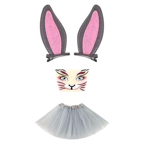 ZwaitL 1. Hasenohren-Haarreif mit Tüllrock und Gesichtsabziehbildern für Kinder und Erwachsene, Cosplay, Halloween, Party-Kostüm, Zubehör, Cartoon-Kostüm-Zubehör von ZwaitL