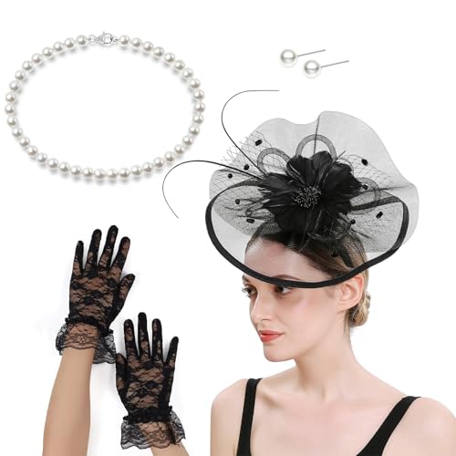 ZwaitL Eleganter Fascinator, Hut-Haarspange und Halskette, Kostüm-Set, Haar-Accessoire für Pferderennen, Events, Cocktails, Partys, Dekorationen, Flapper-Kostüm-Set ZwaitL Eleganter Fascinator, Hut-Haarspange und Halskette, Kostüm-Set, Haar-Accessoire für Pferderennen, Events, Cocktails, Partys, Dekorationen, Flapper-Kostüm-Set von ZwaitL