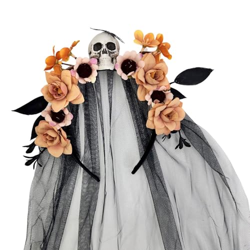 ZwaitL Halloween-Hexen-Haarband mit Totenkopf-Blumen-Designs, Tüllschleier für Tag der Toten, Kostümzubehör, Festival-Requisiten, Hexenkostüm, Haarband von ZwaitL