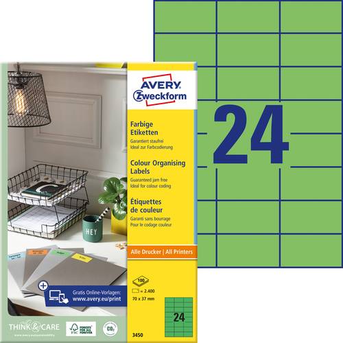 Zweckform Avery-3450 Universal-Etiketten 70 x 37mm Papier Grün 2400 St. Permanent haftend Tintenstr von Avery-Zweckform