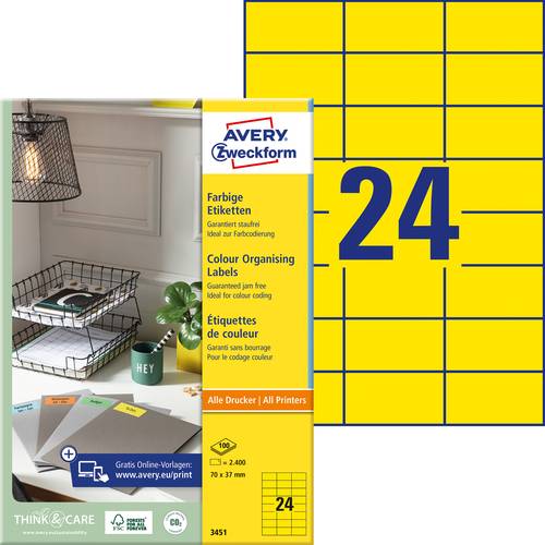 Zweckform Avery-3451 Universal-Etiketten 70 x 37mm Papier Gelb 2400 St. Permanent haftend Tintenstra von Avery-Zweckform