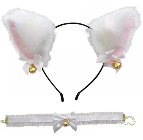 Zwenjuan Katzenohren Stirnband,Katze Ohr Stirnband Katzenohren Haarreif Cat Ears Halskette Katze Cosplay Set Kleid-Accessoires für Mädchen und Frauen,Party Cosplay Weiß von Zwenjuan