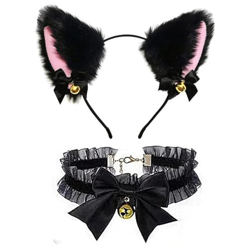 Zwenjuan Katzenohren Stirnband, Katzenohren Haarreif mit Glöckchen Halskette - Schwarz, Damen & Mädchen Cosplay Accessoires für Rollenspiele, Halloween, Weihnachten & mehr von Zwenjuan