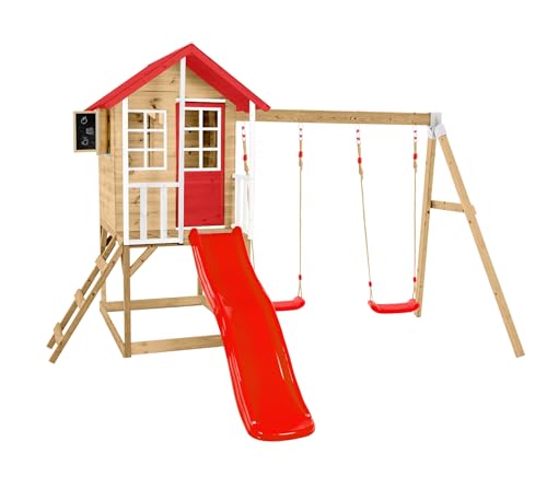 Zwerkules Kinder Spielhaus Lolla aus Holz FSC®-Zertifiziert | Gartenhaus für Kinder mit Veranda, Rutsche und Doppelschaukel | Natur Rot Weiß | inkl. Holzboden von Zwerkules