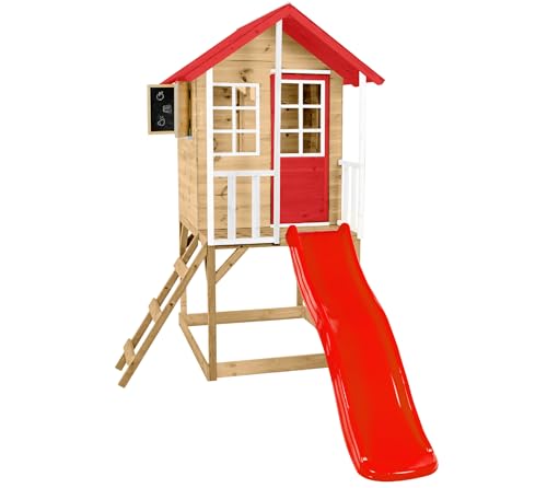 Zwerkules Kinder Spielhaus Lolla aus Holz FSC®-Zertifiziert | Gartenhaus für Kinder mit Veranda, Rutsche und Holzboden | Natur Rot Weiß | Nachhaltiges Spielhaus für draußen von Zwerkules