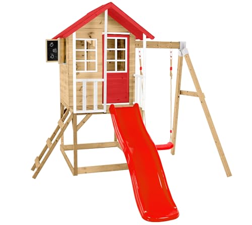 Zwerkules Kinder Spielhaus Lolla aus Holz FSC®-Zertifiziert | Gartenhaus für Kinder mit Veranda, Rutsche und Schaukel | Natur Rot Weiß | inkl. Holzboden von Zwerkules