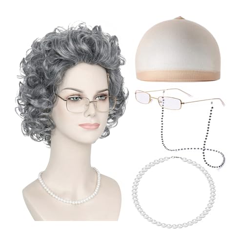 Zxfdsfdbnm 100 Tage School Fancy Grannys Kostüm Graue Alte Lady Perücken Großmas Permas Echern Grannys Brille Perlen Halskette Krücken Ohrring von Zxfdsfdbnm