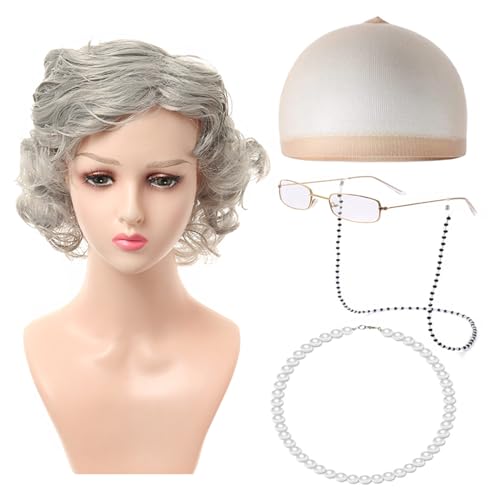 Zxfdsfdbnm 100 Tage School Fancy Grannys Kostüm Graue Alte Lady Perücken Großmas Permas Echern Grannys Brille Perlen Halskette Krücken Ohrring von Zxfdsfdbnm