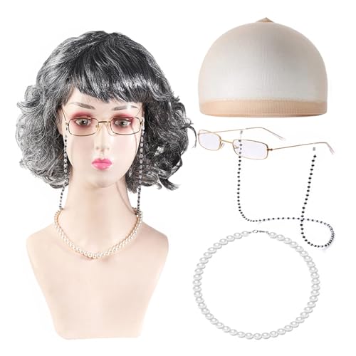 Zxfdsfdbnm 100 Tage School Fancy Grannys Kostüm Graue Alte Lady Perücken Großmas Permas Echern Grannys Brille Perlen Halskette Krücken Ohrring von Zxfdsfdbnm