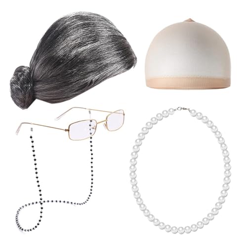 Zxfdsfdbnm 100 Tage School Fancy Grannys Kostüm Graue Alte Lady Perücken Großmas Permas Echern Grannys Brille Perlen Halskette Krücken Ohrring von Zxfdsfdbnm