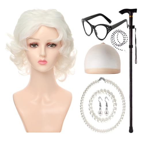 Zxfdsfdbnm 100 Tage School Fancy Grannys Kostüm Graue Alte Lady Perücken Großmas Permas Echern Grannys Brille Perlen Halskette Krücken Ohrring von Zxfdsfdbnm