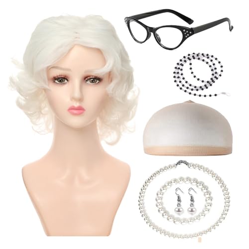 Zxfdsfdbnm 100 Tage School Fancy Grannys Kostüm Graue Alte Lady Perücken Großmas Permas Echern Grannys Brille Perlen Halskette Krücken Ohrring von Zxfdsfdbnm