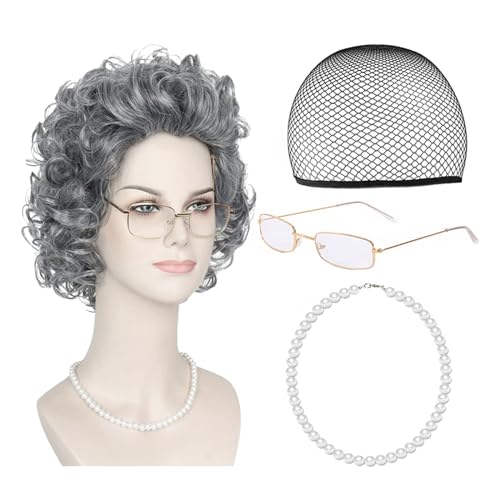 Zxfdsfdbnm 100 Tage School Fancy Grannys Kostüm Graue Alte Lady Perücken Großmas Permas Echern Grannys Brille Perlen Halskette Krücken Ohrring von Zxfdsfdbnm