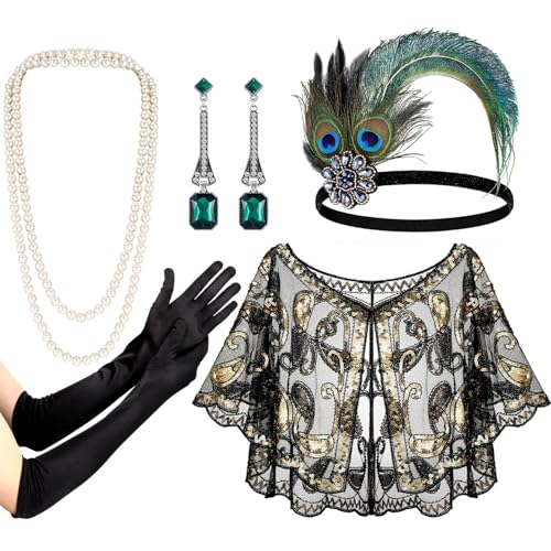 Zxfdsfdbnm 1920er Jahre Teaparty Flapper Kostüm Zubehör für Frauen Vintage Strass Kopfschmuck baumelnde Ohrringe Dress Up Kostüm von Zxfdsfdbnm