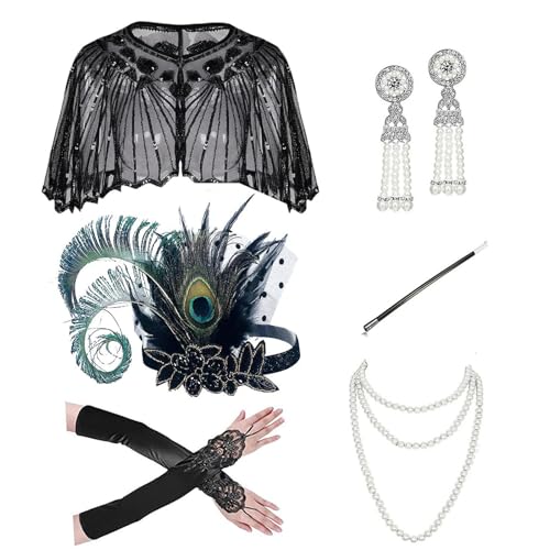 Zxfdsfdbnm 1920er Jahre Teaparty Flapper Kostüm Zubehör für Frauen Vintage Strass Kopfschmuck baumelnde Ohrringe Dress Up Kostüm von Zxfdsfdbnm