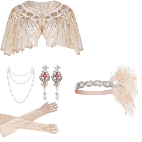 Zxfdsfdbnm 1920er Jahre Teaparty Flapper Kostüm Zubehör für Frauen Vintage Strass Kopfschmuck baumelnde Ohrringe Dress Up Kostüm von Zxfdsfdbnm