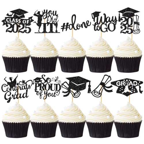 Cupcake-Topper zum Schulabschluss, Glitzer, Klasse 2025, Cupcake-Topper, Abschlussfeier, Party-Dekoration, Abschlussfeier, Partyzubehör, Schwarz, 60 Stück Cupcake-Topper zum Schulabschluss, Glitzer, Klasse 2025, Cupcake-Topper, Abschlussfeier, Party-Dekoration, Abschlussfeier, Partyzubehör, Schwarz, 60 Stück von Zycozzn