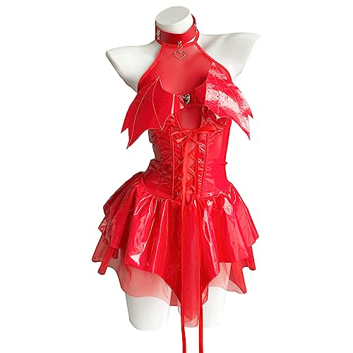 Zyimsva Damen Cosplay Halloween Kostüm Fledermaus Imp See-Through Skirt Set (Rot, XXL) von Zyimsva