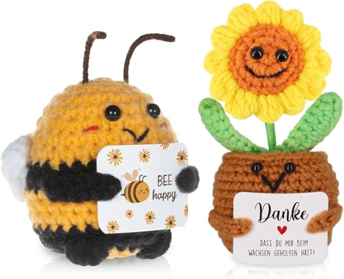 Zyiphor Pocket Hug Sonnenblumen Kleine Geschenke, Pocket Hug Biene Glücksbringer Geschenke, Gehäkelte Kuscheltiere für Mutmacher Geschenk, Einschulung Geschenk, Gute Besserung Geschenk (2 Stück) von Zyiphor