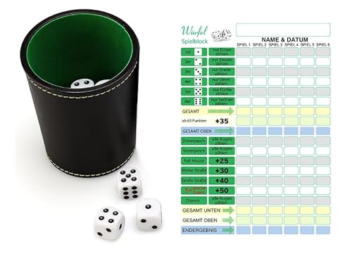 Zyiphor Würfel Spiel Set, Würfelbecher mit 5 würfeln mit Würfelspiel Block, Leder Würfelbecher, 5 Würfel mit Becher, Spielblöcke für Würfelspiele für Kinder Erwachsene Familienspiel von Zyiphor