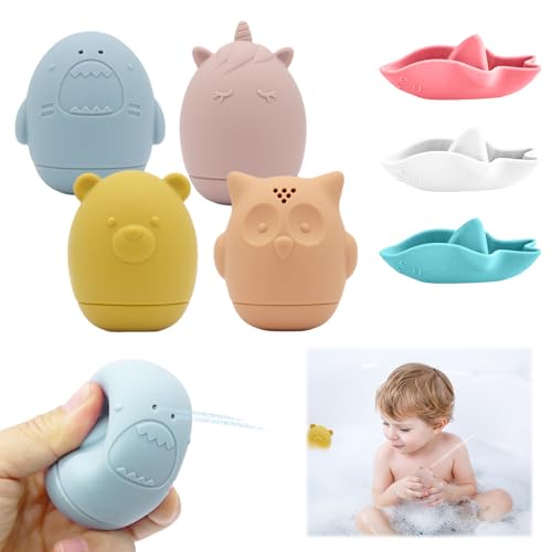 Badewannenspielzeug, 7 Stück Wasserspielzeug Kinder, Tierische Spritztiere + Boote Badespielzeug Set aus Sicher Silikon, wasserspielzeug wasserspass Baby, Tier Badespielzeug fördert Motorik für Babys von Zyluniy