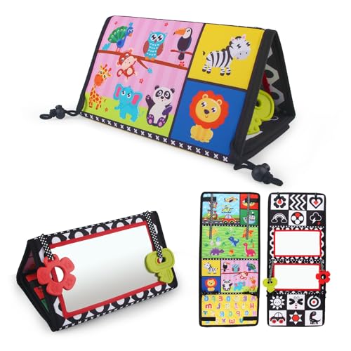 Zyluniy Baby Spiegel Spielzeug, Faltbarer Bauchlage Spielzeug, Tummy Time Toys, Kontrastkarten Baby Kontrastbuch Stoffbuch Babyspiegel mit Knisterbuch, Montessori Spielzeug für Neugeborene 0-12 Monate von Zyluniy