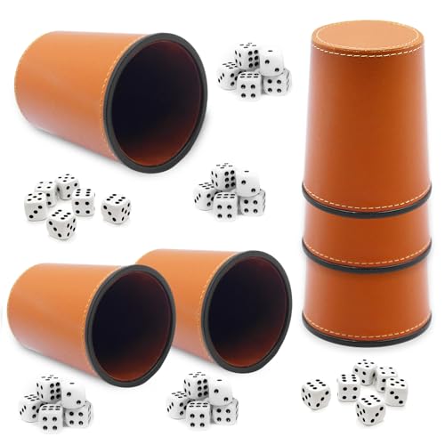Zyluniy Würfelbecher Set, 6 Schocken Set, Würfelbecher Leder mit 36 Würfeln (16 mm) Knobelbecher Leder, für Bar-Party Würfelspiele, Braun von Zyluniy