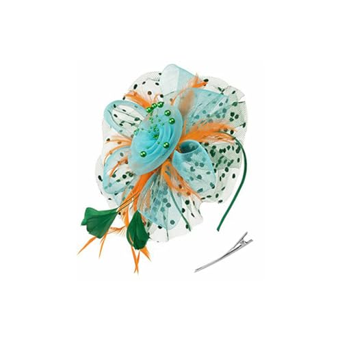 Zymoplas Vintage Damen Plume Fascinator Retro Stil Schleier Hut Stirnband Damen Haar Kopfbedeckung für Party Pferderennen Veranstaltungen Kirche, Grün Blau Orange von Zymoplas