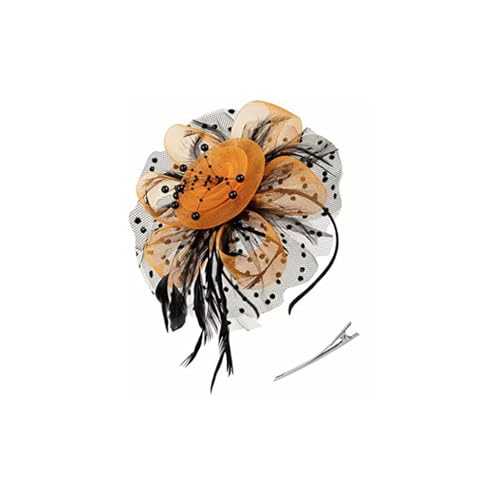 Zymoplas Vintage Damen Plume Fascinator Retro Stil Schleier Hut Stirnband Damen Haar Kopfbedeckung für Party Pferderennen Veranstaltungen Kirche, Schwarz+Orange von Zymoplas