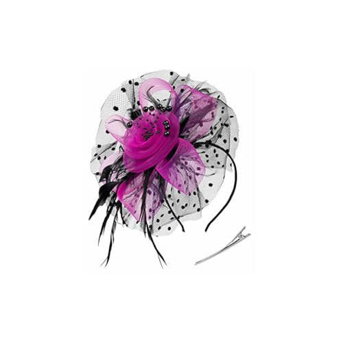 Zymoplas Vintage Damen Plume Fascinator Retro Stil Schleier Hut Stirnband Damen Haar Kopfbedeckung für Party Pferderennen Veranstaltungen Kirche, Schwarz+Rosarot von Zymoplas