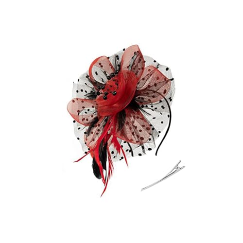Zymoplas Vintage Damen Plume Fascinator Retro Stil Schleier Hut Stirnband Damen Haar Kopfbedeckung für Party Pferderennen Veranstaltungen Kirche, Schwarz+rot von Zymoplas